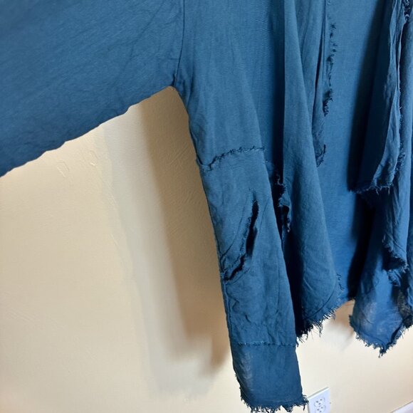 Womens Open Front Linen Cardigan Frayed Edges Italy Medium Teal Blue Lagenlook - Picture 8 of 11